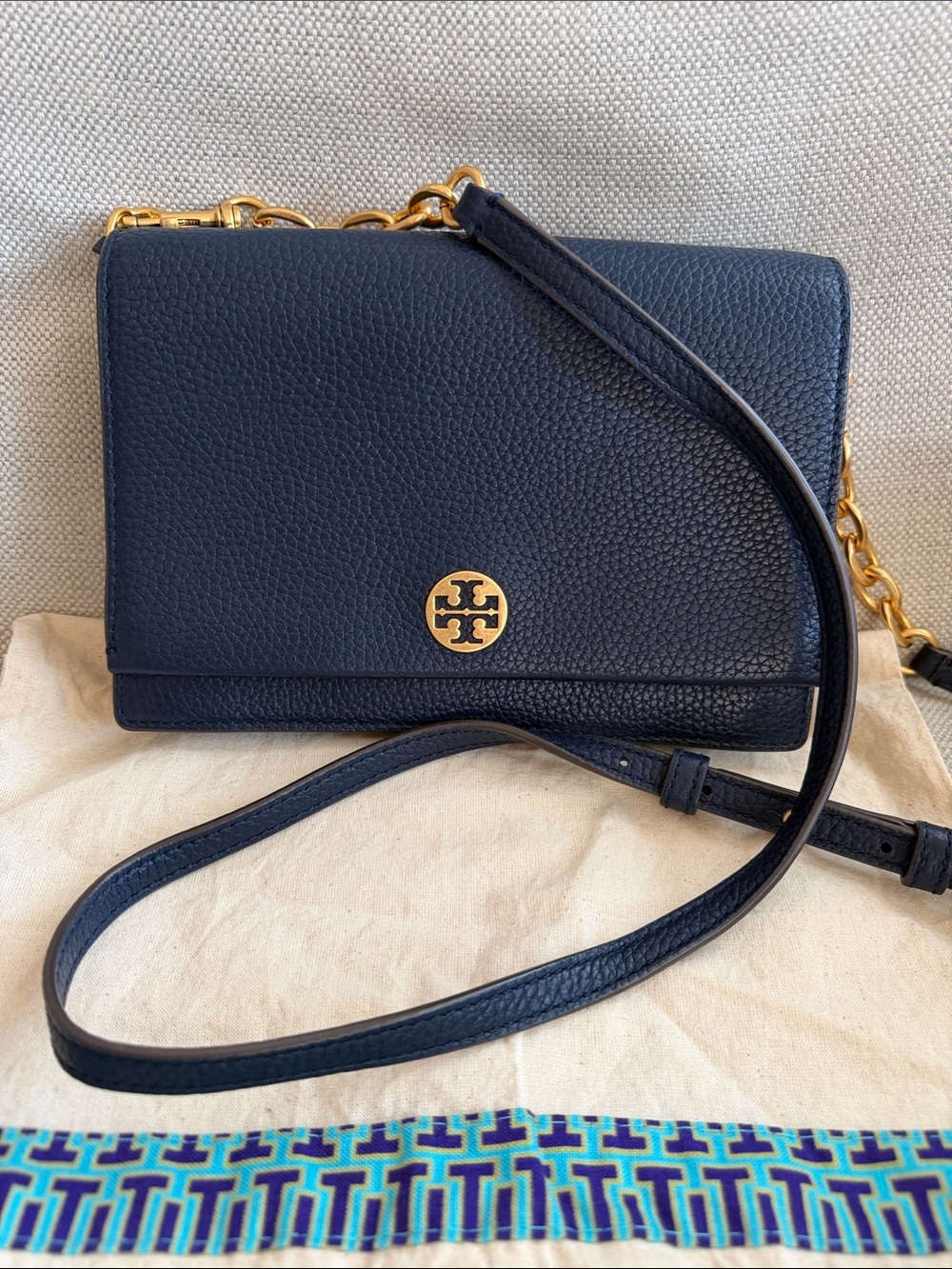 Tory Burch Navy Pebbled Leather Crossbody with Gold Logo